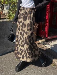 FRIFUL Women's Fashionable Leopard Print Midi Skirt Street Style - Brown - View 6