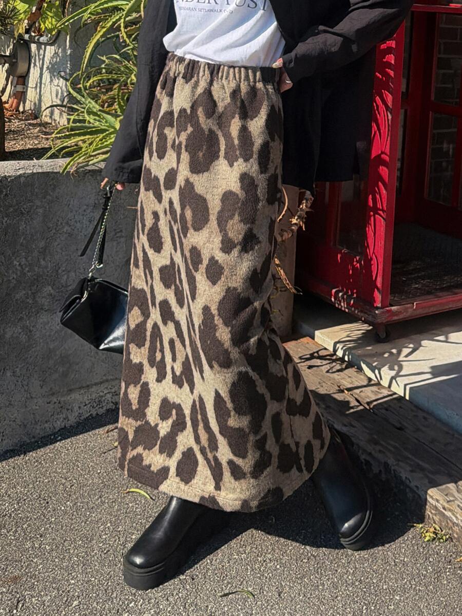 FRIFUL 女款時尚豹紋中長裙街頭風 - 棕色 - 查看 1