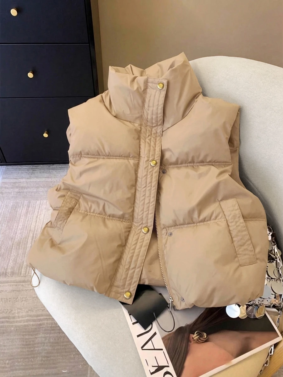 Muvela Women's Solid Color Zipper Front Casual Vest Winter Outerwear - Apricot - View 1