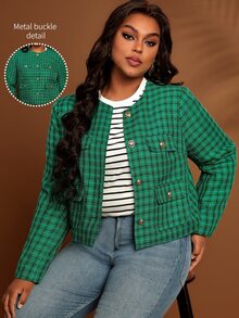 BrightlyHer Plus Size Colorblock Pocket Textured Button Front Round Neck Long Sleeve Jacket Casual Elegant Smart Outerwear Fall Winter 2026 Office Formal Green - Multicolor - View 3