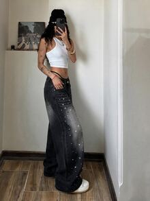 StreetHx Women's Loose Wide Leg Casual Denim Jeans With Pocket And Rhinestone - Black - View 5