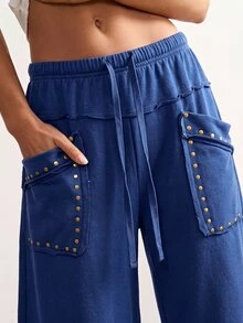 Bohemela Women's Solid Color Wide Leg Casual Vacation Pants - Blue - View 3