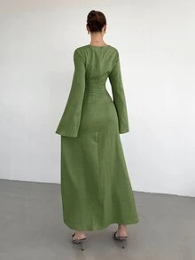 Siren Gaze Women's Solid Color Twist Detail Front Metal Buckle Decor Flared Long Sleeve Dress, Wedding Night Dinner Cocktail Guest Fall Sage Green Elegant Mature - Olive Green - View 2