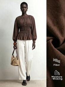 Aalyst Women's Long Sleeve Heavy-Duty Striped Waist-Curved Round Neck Blouse, Suitable For Commuting And Daily Wear - Coffee Brown - View 6