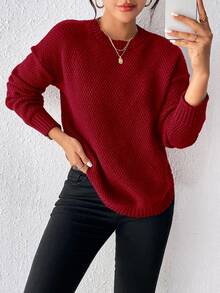 SHEIN Raffinéa Women's Casual Simple Versatile Solid Color Sweater, Autumn/Winter Everyday Burgundy Red - Red - View 6