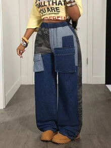 Slaydiva Women's Elastic Waist Colorblock Casual Streetwear Daily Wear Jeans Everyday Going Out Fall - Black - View 3