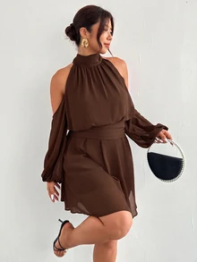 Firerie Plus Size Women Solid Color Cold Shoulder Long Sleeve Ruched Waist Fashion Dress - Rust Brown - View 6