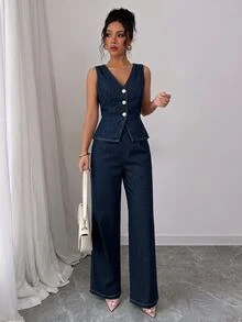 Elenzga Fashion Casual Washed Denim Vest & Pants Set - Dark Wash - View 6