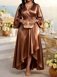SHEIN Lady Plus Size Women's Solid Color V-Neck Pleated Casual Party Dress - Brown - View 3