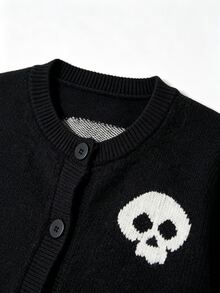 Sweetra Black & White Contrast Hollow Head Halloween Dark Style Street Fashion Modern Retro Knit Crew Neck Cardigan For Women - Black - View 5