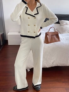 Modelyn Women's Cardigan & Wide Leg Pants 2 Pieces Set, Elegant Autumn/Winter Sweater White Casual - White - View 4