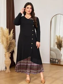 Lacomfia Minimalist Solid Color Patchwork Print V-Neck Long Sleeve Cinched Waist A-Line Regular Fit Spring Autumn Plus Size Dress - Black - View 5
