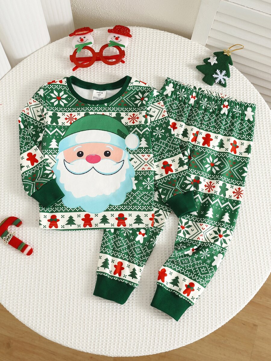 Kids Unisex Young Boy/Girl, 2pcs Autumn/Winter Cute Green Christmas Snug Fit, Toddler Pajama Set Snug Fit 2 Pieces Set - Dark Green - View 1