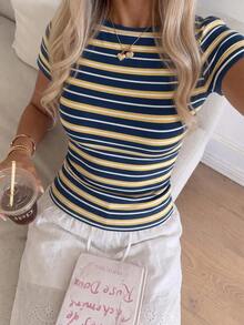 CovetEZ Women 95% Cotton Striped Form-Fitted Short Sleeve T-Shirt Casual Top, Wear For Spring/Summer/Fall - Multicolor - View 6
