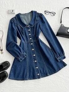 Mori Grove Mori Grove Women's All-Season Peter Pan Collar Long Sleeve Petal Sleeve A-Line Blue Denim Dress - Dark Wash - View 2