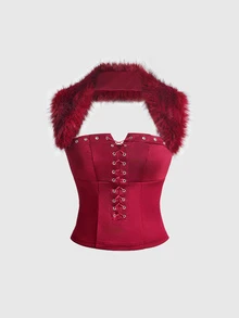 ROMWE Grunge Punk Sexy Party Fur Trim Deep V-Neck Eyelet Lace-Up Fitted Tank Top - Burgundy - View 1