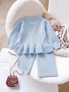 SHEIN Baby Girls Sweater Co-Ords, Pullover Round Neck Knitted Long Sleeve Cardigan, Pink Solid Color, Versatile Fashionable + Knitted Flared Long Pants, Suitable For Autumn/Winter, 2 Pieces Set, Versatile, Suitable For Outings, Travel, School - Baby Blue - View 2
