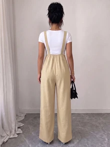 GlowEve CURVE Plus Size Women Solid Color Button Design Pocket Wide Leg Overalls Fall - Khaki - View 8