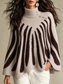 SHEIN كنزة نسائية بياقة عالية وكتف مفتوح بتصميم ألوان متباينة وخطوط موضة خريف/شتاء - لون مشمشي - مشاهدة 2