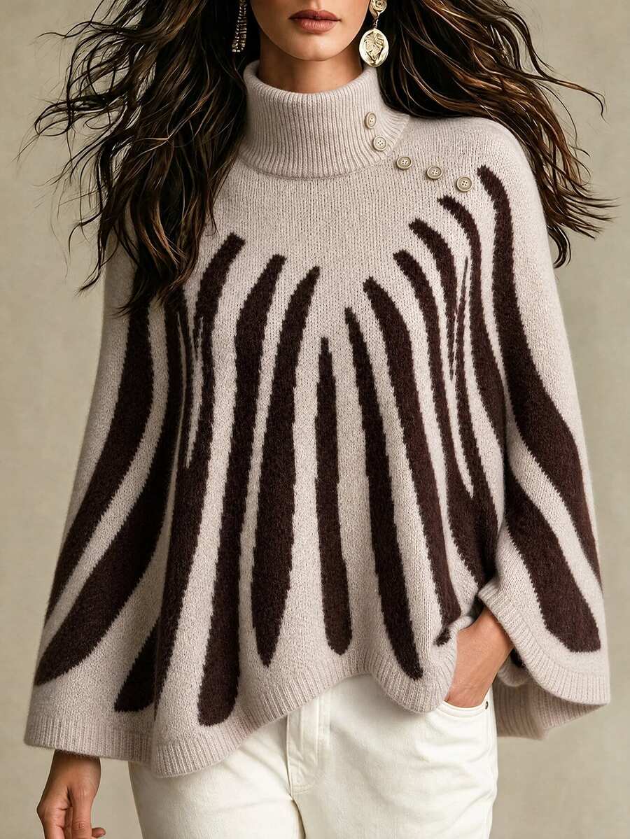 SHEIN كنزة نسائية بياقة عالية وكتف مفتوح بتصميم ألوان متباينة وخطوط موضة خريف/شتاء
