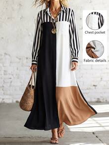 SHEIN Casual Commute Minimalist Women's Long Sleeve Striped Multicolor Dress, Autumn/Winter Style, Suitable For Office, Work And Outings - Multicolor - View 2