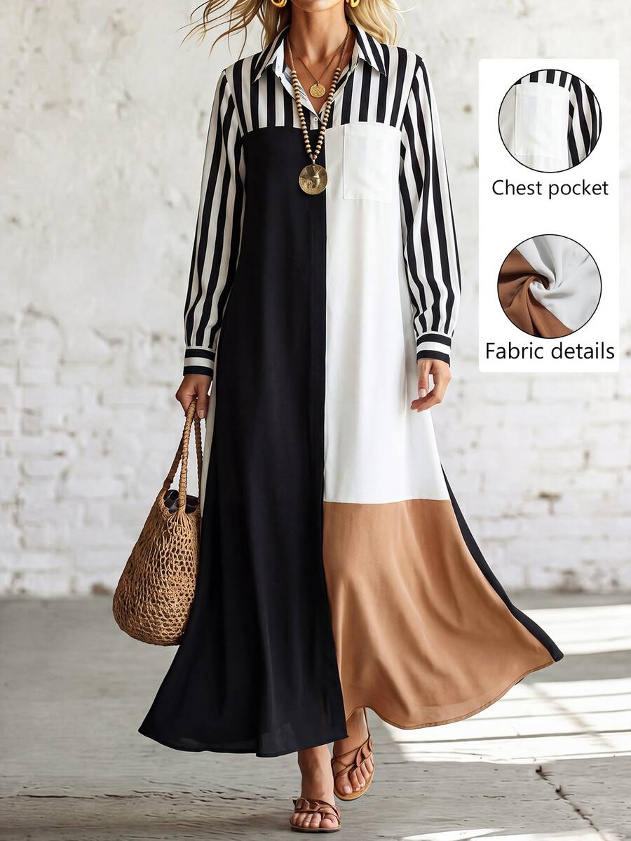 SHEIN Casual Commute Minimalist Women's Long Sleeve Striped Multicolor Dress, Autumn/Winter Style, Suitable For Office, Work And Outings