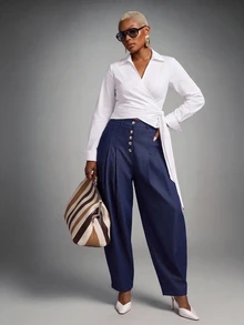 SHEIN Lunessa Celana Panjang Denim Model Melengkung yang Modis untuk Komuter - Biru - View 3