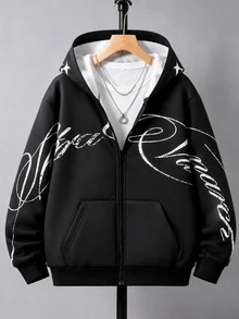 SHEIN 青少年男孩字母印花長袖拉鍊連帽衛衣，內層保暖加絨 - 黑色 - 查看 3