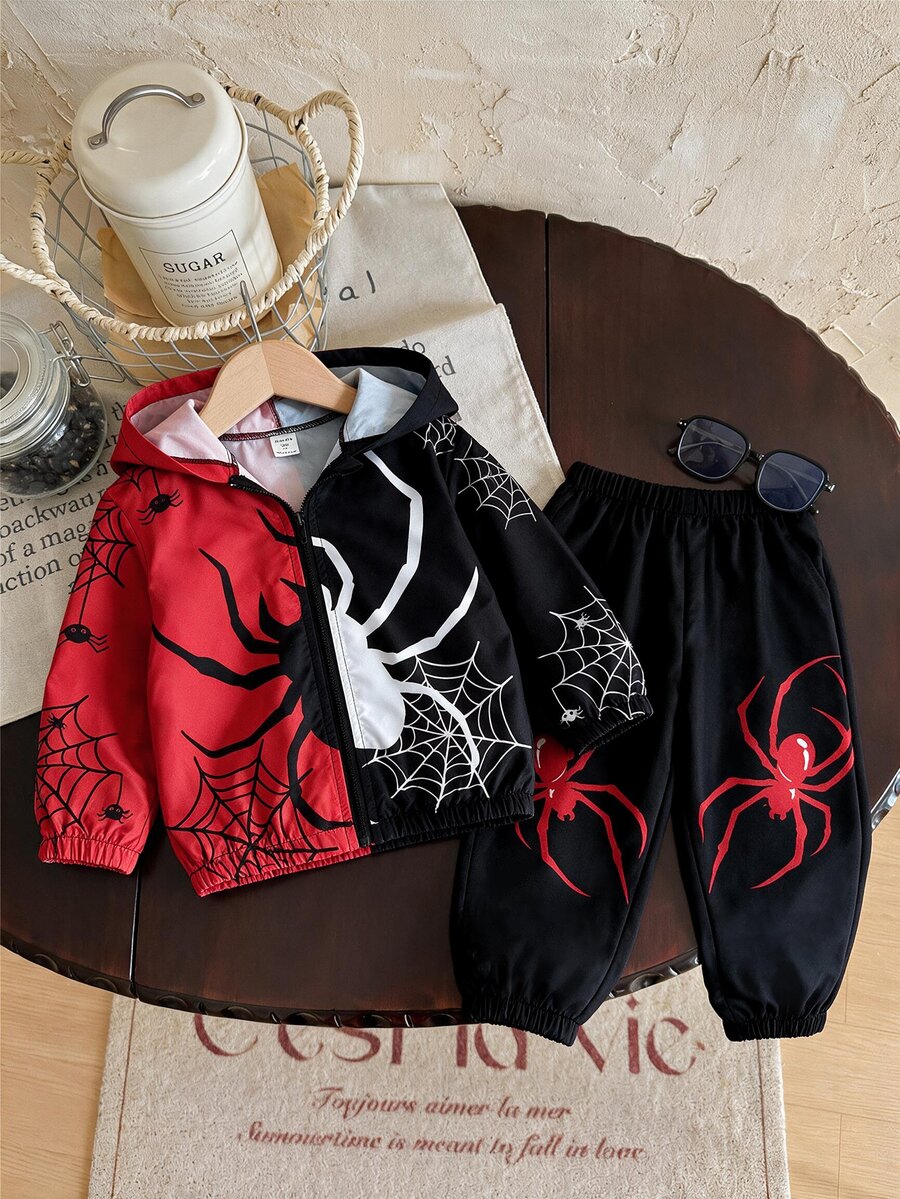 SHEIN Young Boys Spring Summer Autumn Cartoon Dinosaur Pattern Black & White Contrast Color Hooded Thin Jacket & Solid Color Long Pants 2 Pieces Set Suitable For Outdoor Travel And Outings - Multicolor - View 1