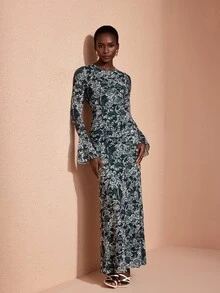 JIAN LASALA Mesh Long Ruffle Sleeve Ruched Bustier Long Dress Elegant Vacation Holiday Autumn - Green - View 5