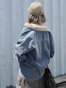 FRIFUL Women's Colorblock Casual Daily Denim Jacket - Blue - View 2