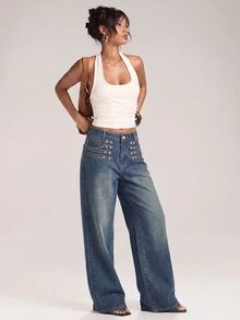 SHEIN BAE Women's Casual Everyday Denim Jeans With Pockets And Buttons - Blue - View 7