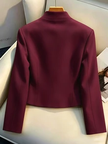 SHEIN Franclia 女款法式立領雙排扣金鈕短版西裝外套，高級通勤修身小個子外套上衣 - 酒紅色 - 查看 2