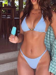 Swim Mod Women's Spring/Summer New Special Fabric Metal Decor V-Neck Halter Backless Triangle Bikini Set, 2 Pieces Swimsuit - Blue - View 4