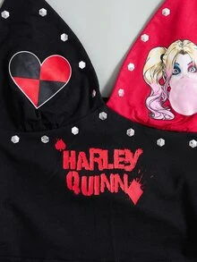 Harley Quinn X SHEIN Women's Cartoon Print Camisole Top And Rivet Contrast Color Shorts 2 Pieces Set - Black - View 5