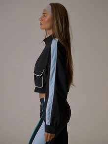 Musera Sport Jaket Track Koordinasi Musim Dingin/Musim Gugur Aktif Pilates Gerak dengan Resleting Leher Corong Tinggi, Lengan Bergaris Warna Kontras, Saku Depan, Potongan Pendek, Elastis - Hitam - View 4