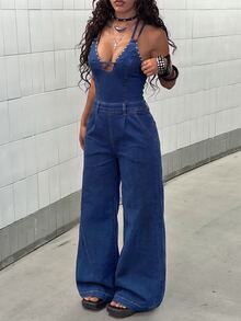 Jeanoix Women's Loose Denim Tie-Waist Jumpsuit - Blue - View 5
