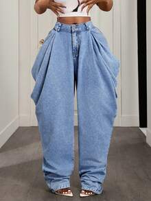 SHEIN CURVE+ Plus Size Light Blue Vintage Washed 3D Draped Ruched Wide Leg Denim Jeans With Half Elastic Waistband, Asymmetrical Pockets, Loose Deconstructed Casual Floor-Length Pants - Light Wash - View 6