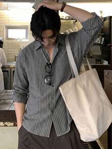 DAZY 男士長袖條紋單排扣口袋襯衫 - 黑色 - 查看 1