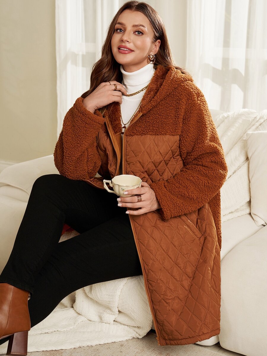 EMERY ROSE Jaket Wanita Ukuran Besar Musim Gugur/Dingin Kasual Cokelat Polos Berbahan Fleece dengan Tudung dan Kantong, Mantel Hangat Musim Dingin, Mantel Luar - Coklat - View 1