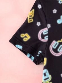 HELLO KITTY AND FRIENDS | SHEIN Gaun Kasual Lengan Pendek Motif Kartun Not Musik untuk Anak Perempuan - Hitam - View 6
