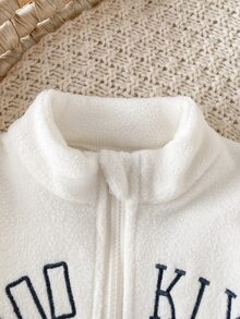 SHEIN Newborn Unisex Autumn Winter Sherpa Fleece Pull Cardigan: Brooklyn Letter Print Cream Half-Zip Winter Warm Teddy Outwear Jacket - Beige - View 5