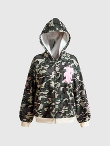 ROMWE Street Life Street Style Camo Colorblock Letter Print Rhinestone Women's Hooded Zip-Up Sweatshirt - Army Green - View 2