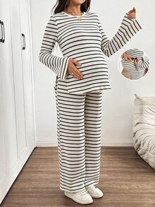 SHEIN 孕婦條紋長袖上衣與可調腰長褲休閒日常兩件套 - 黑與白 - 查看 1