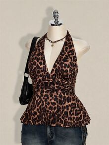 SHEIN ICON 大尺碼女款復古性感個性時尚前衛都市現代Y2K豹紋收腰深V掛脖下擺寬鬆修身上衣 - 鏽棕色 - 查看 4