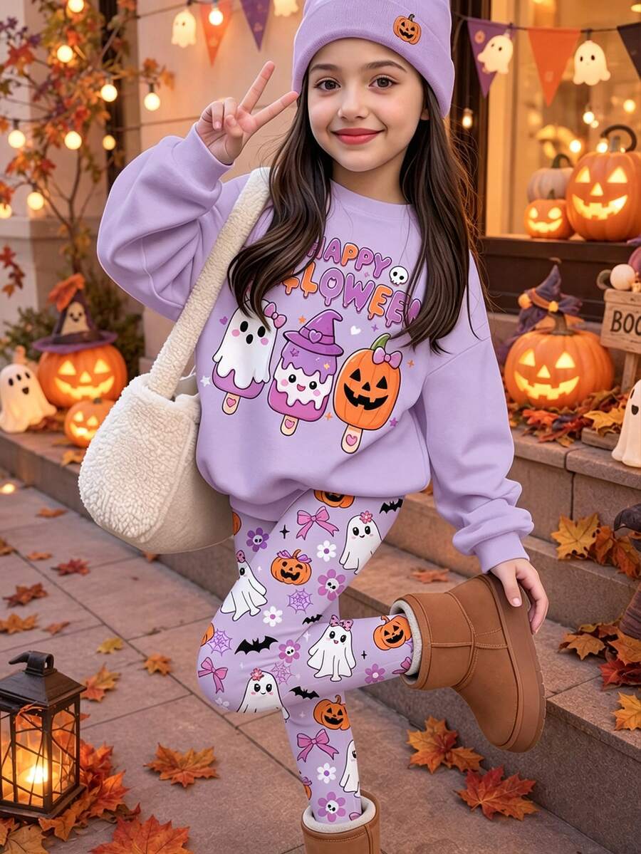 萬聖節少女休閒可愛卡通幽靈南瓜冰淇淋圖案,甜美奶油紫,圓領長袖衛衣與內搭褲2件套,適合秋冬派對造型,秋季服飾,Kawaii,節慶 - 彩色 - 查看 1