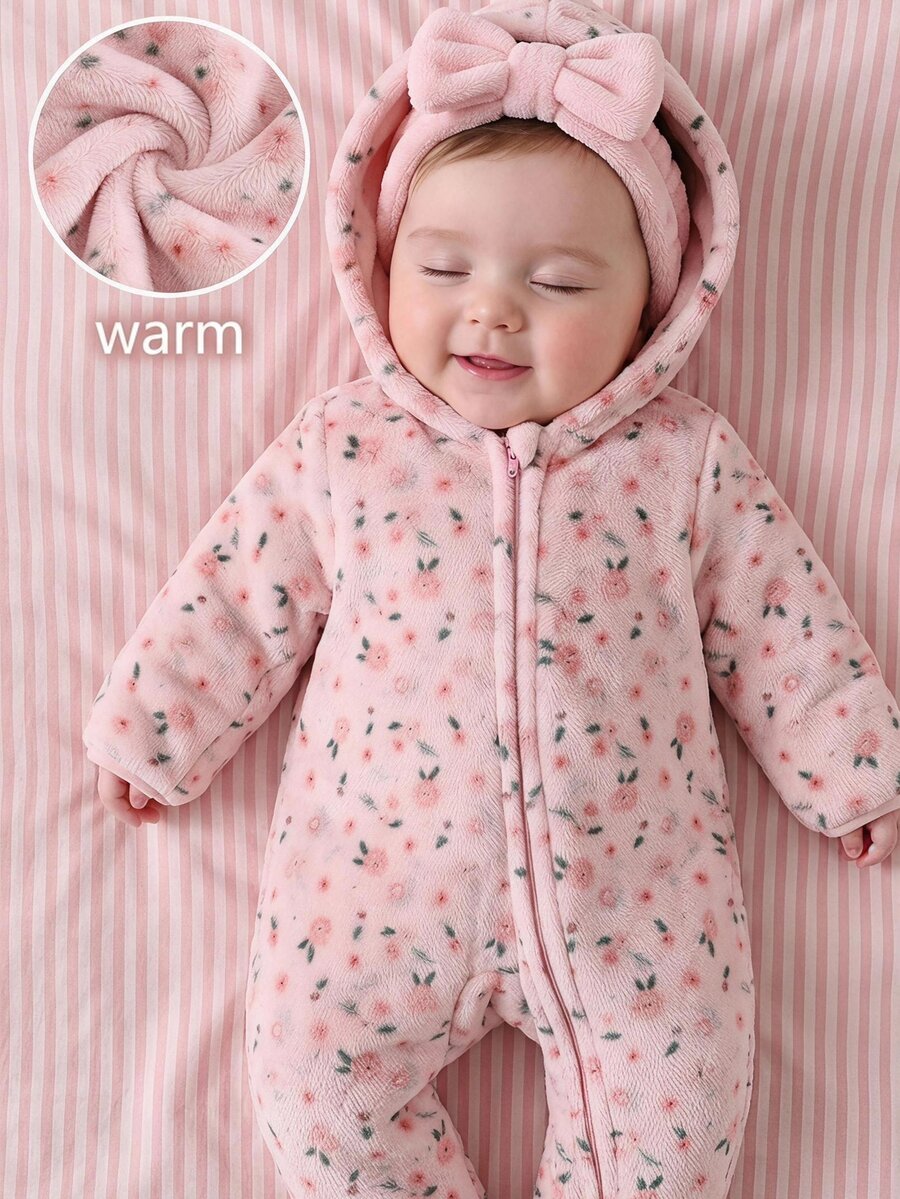 Cozy Pixies Baby Girl Thermal Lined Thick Floral Pattern Knitted Soft Hooded Long Sleeve Winter Jumpsuit - Pink - View 1