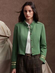 Zovinel Lyocell Wool Fabric Women's Autumn Fashion Vintage Cropped Jacket,Back To School, Casual Work,Elegant Fall Autumn/Winter - Army Green - View 3