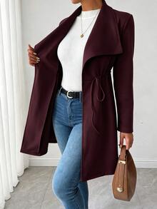 SHEIN Raffinéa Women's Solid Color Long Sleeve Casual Smart Casual Business Casual Suede Drawstring Jacket Office Burgundy Autumn/Winter - Red Violet - View 6