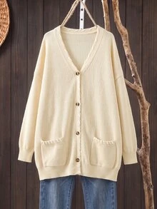Rusticease Plus Size Women's Autumn/Winter Button Front Long Sleeve Knit Cardigan - Apricot - View 2